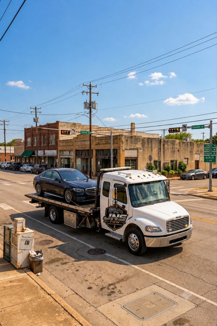 JNS Tow truck driving on a Texas highway at sunset